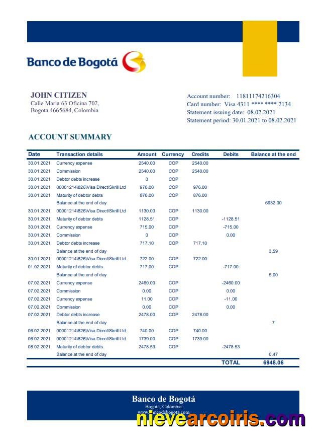 Colombia Banco de Bogotá excel pdf